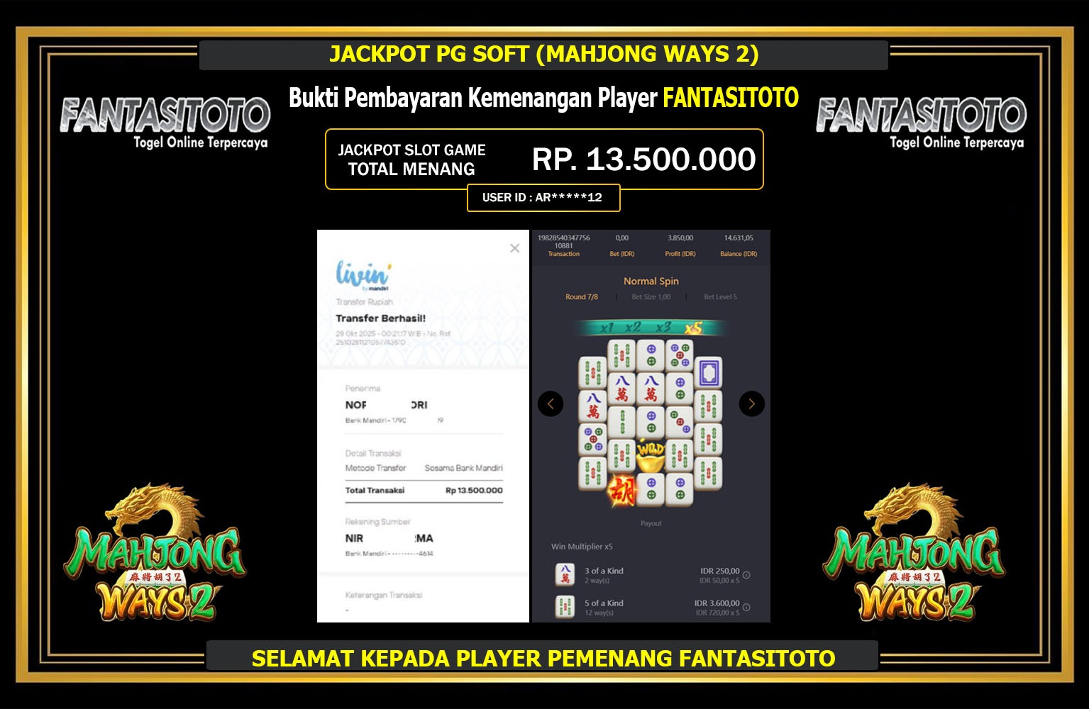 FANTASITOTO JACKPOT PG SOFT (MAHJONG WAYS 2) Rp.13.500.000,- LUNAS
