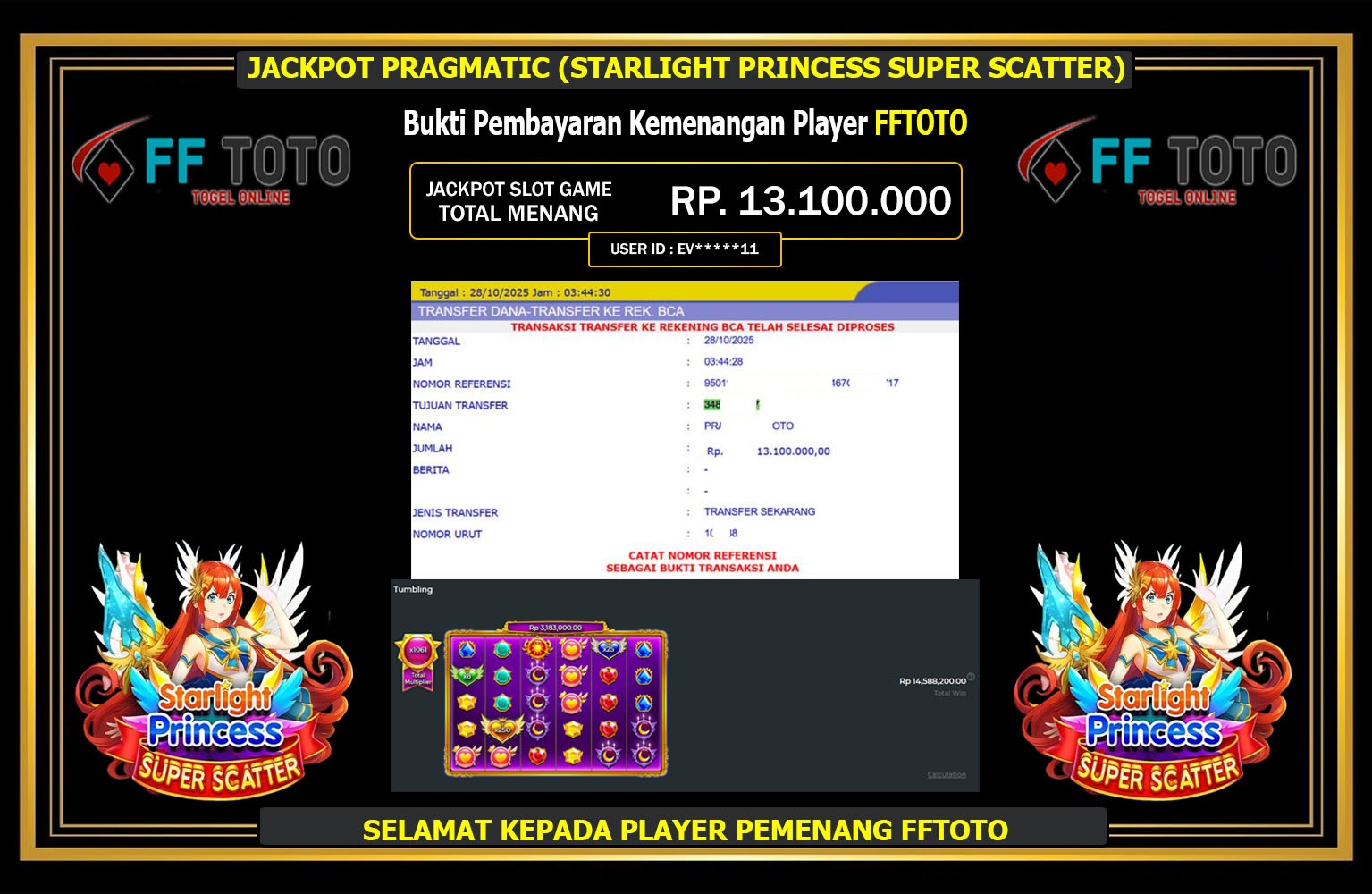 FFTOTO JACKPOT PRAGMATIC (STARLIGHT PRINCESS SUPER SCATTER) Rp.13.100.000,- LUNAS