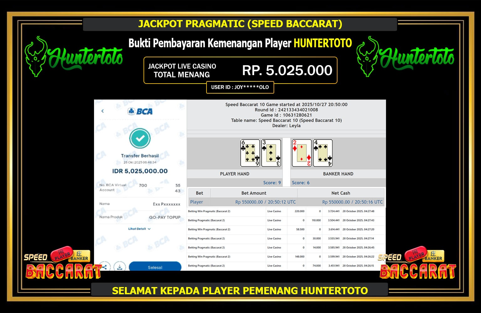 HUNTERTOTO JACKPOT PRAGMATIC (SPEED BACCARAT) Rp.5.025.000,- LUNAS