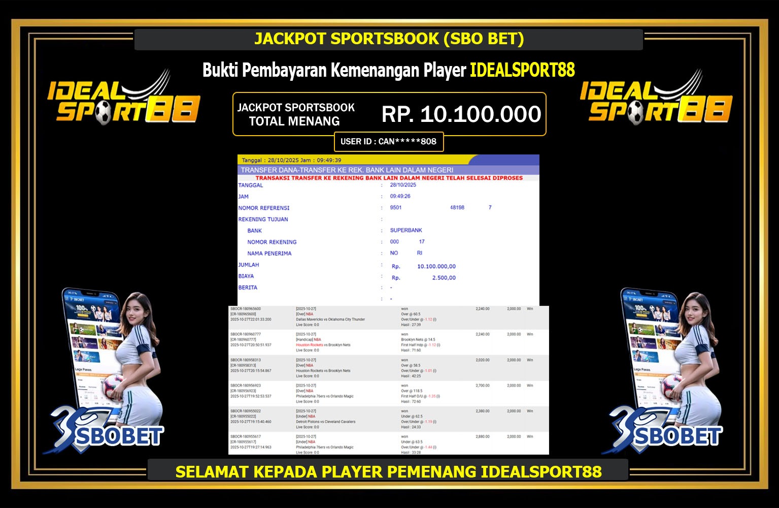 IDEALSPORT88 JACKPOT SPORTSBOOK (SBO BET) Rp.10.100.000,- LUNAS