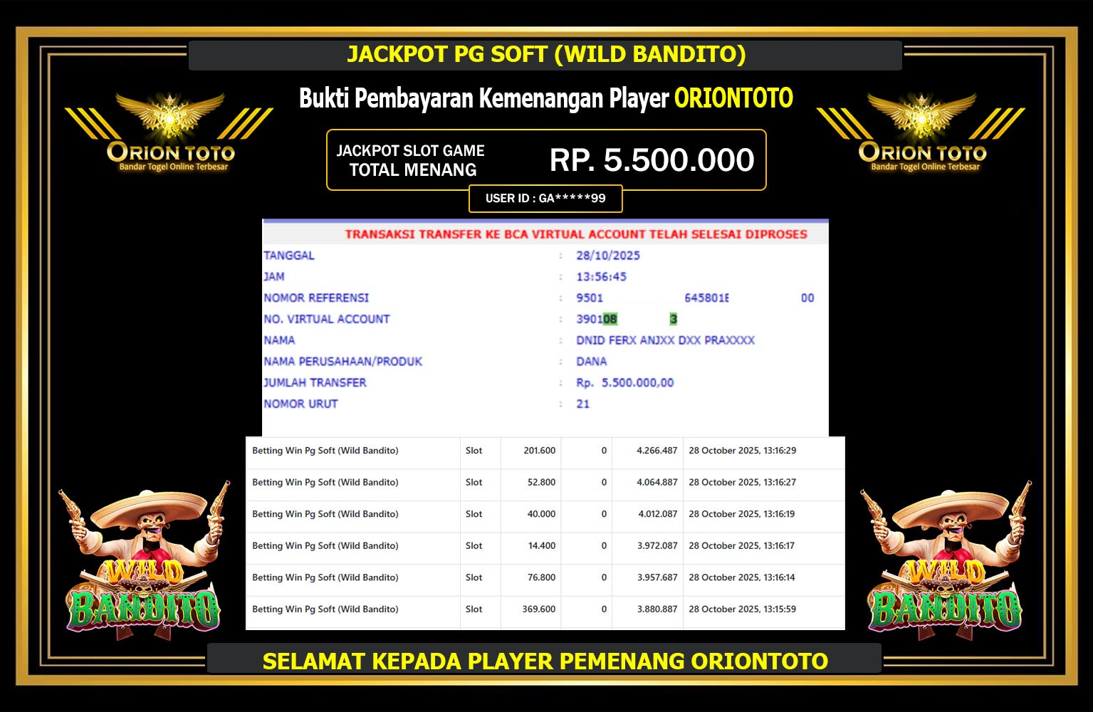 ORIONTOTO JACKPOT PG SOFT (WILD BANDITO) Rp.5.500.000,- LUNAS