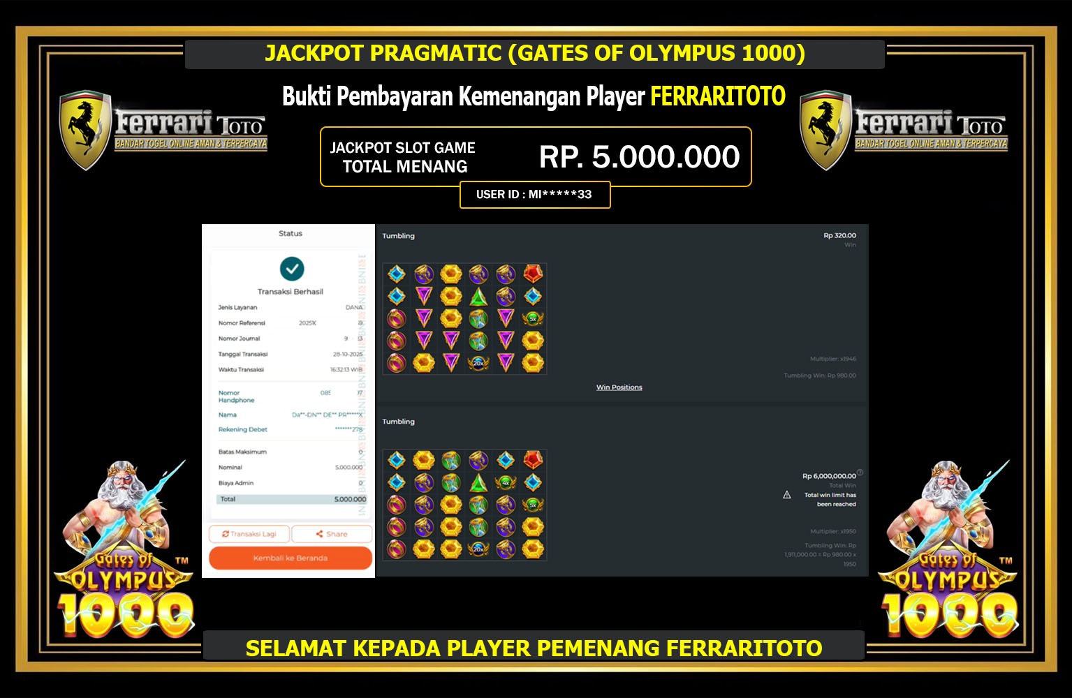 FERRARITOTO JACKPOT PRAGMATIC (GATES OF OLYMPUS 1000) Rp.5.000.000,- LUNAS