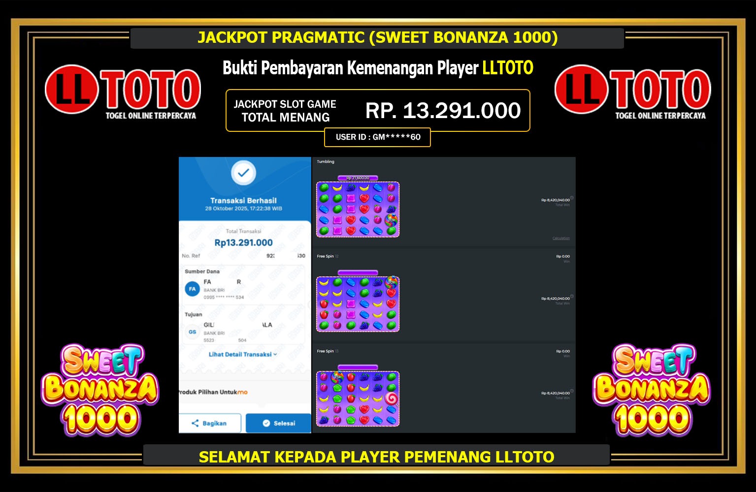 LLTOTO JACKPOT PRAGMATIC (SWEET BONANZA 1000) Rp.13.291.000,- LUNAS