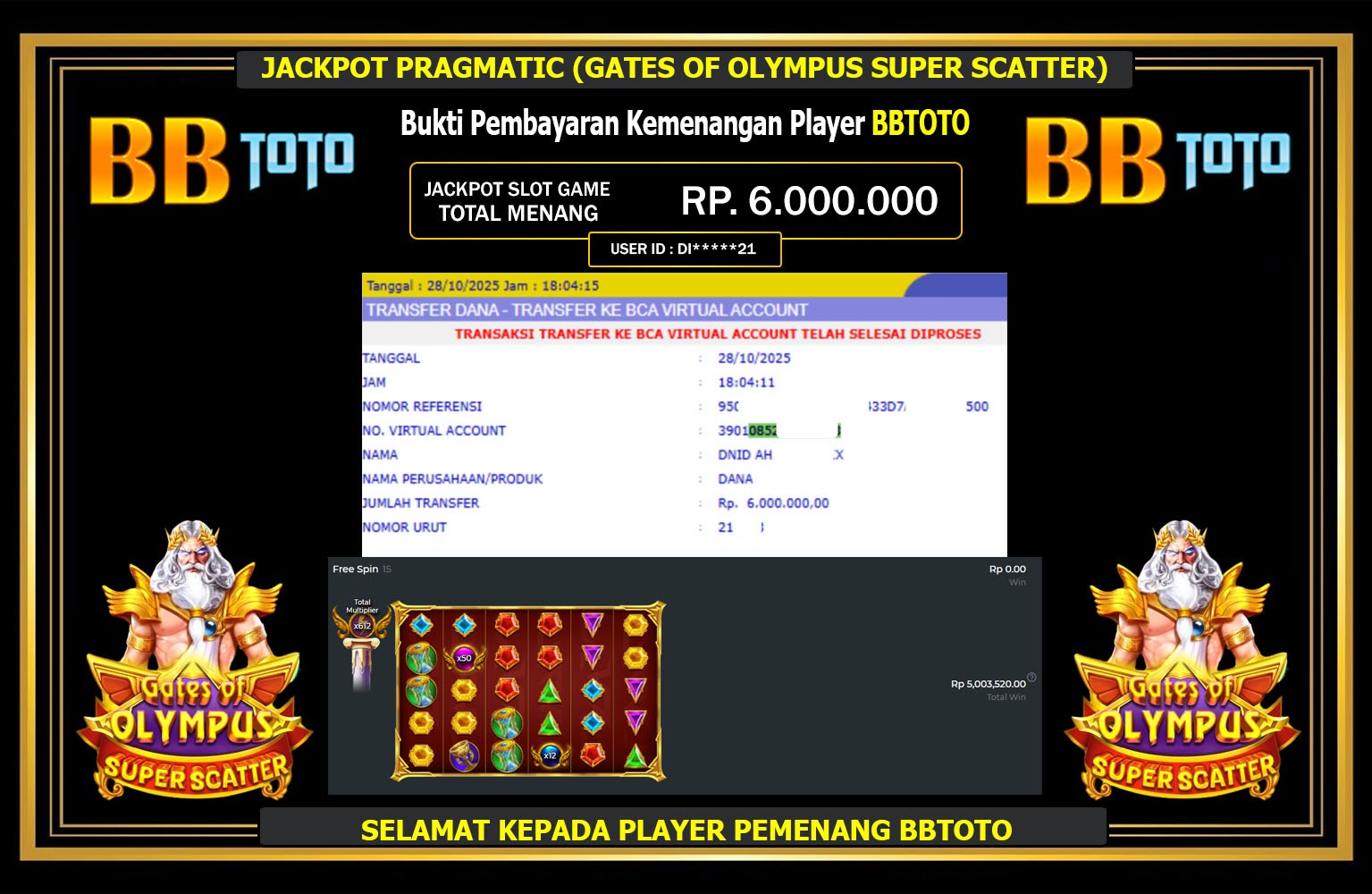 BBTOTO JACKPOT PRAGMATIC (GATES OF OLYMPUS SUPER SCATTER) Rp.6.000.000,- LUNAS