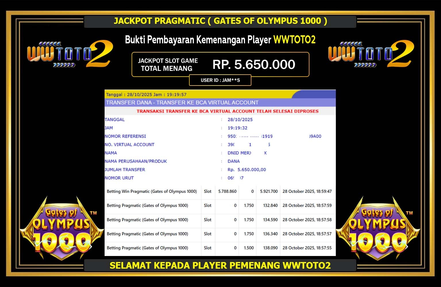 WWTOTO2 JACKPOT PRAGMATIC (GATES OF OLYMPUS 1000) Rp.5.650.000,- LUNAS