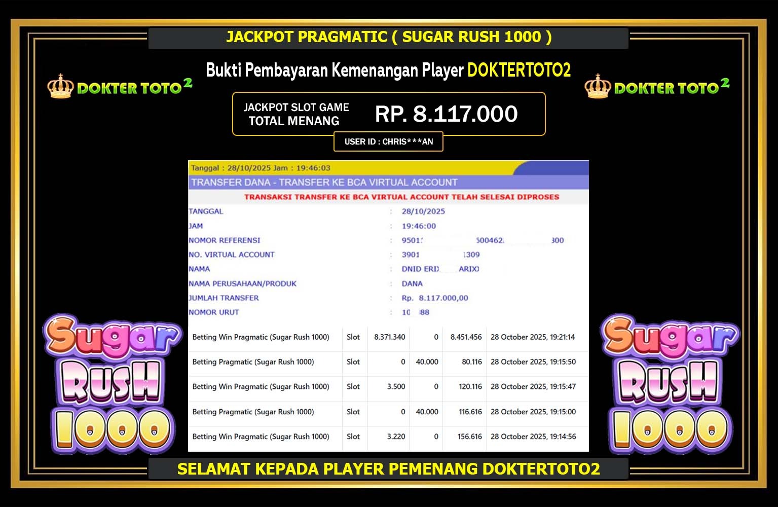 DOKTERTOTO2 JACKPOT PRAGMATIC (SUGAR RUSH 1000) Rp.8.117.000,- LUNAS