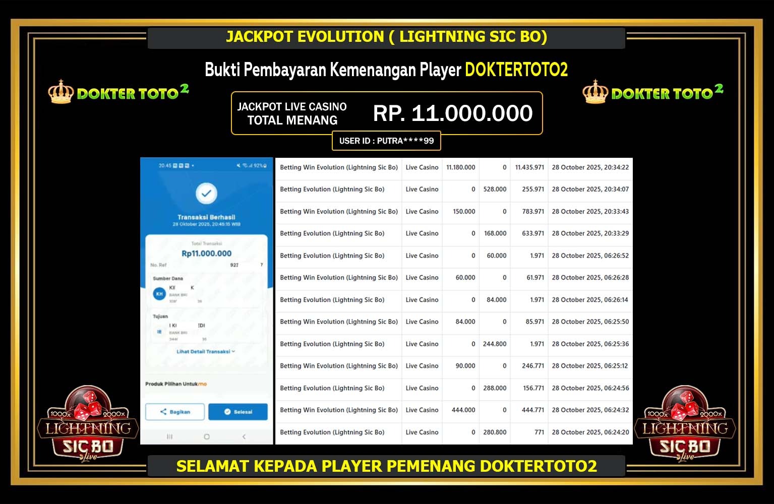 DOKTERTOTO2 JACKPOT EVOLUTION (LIGHTNING SIC BO) Rp.11.000.000,- LUNAS
