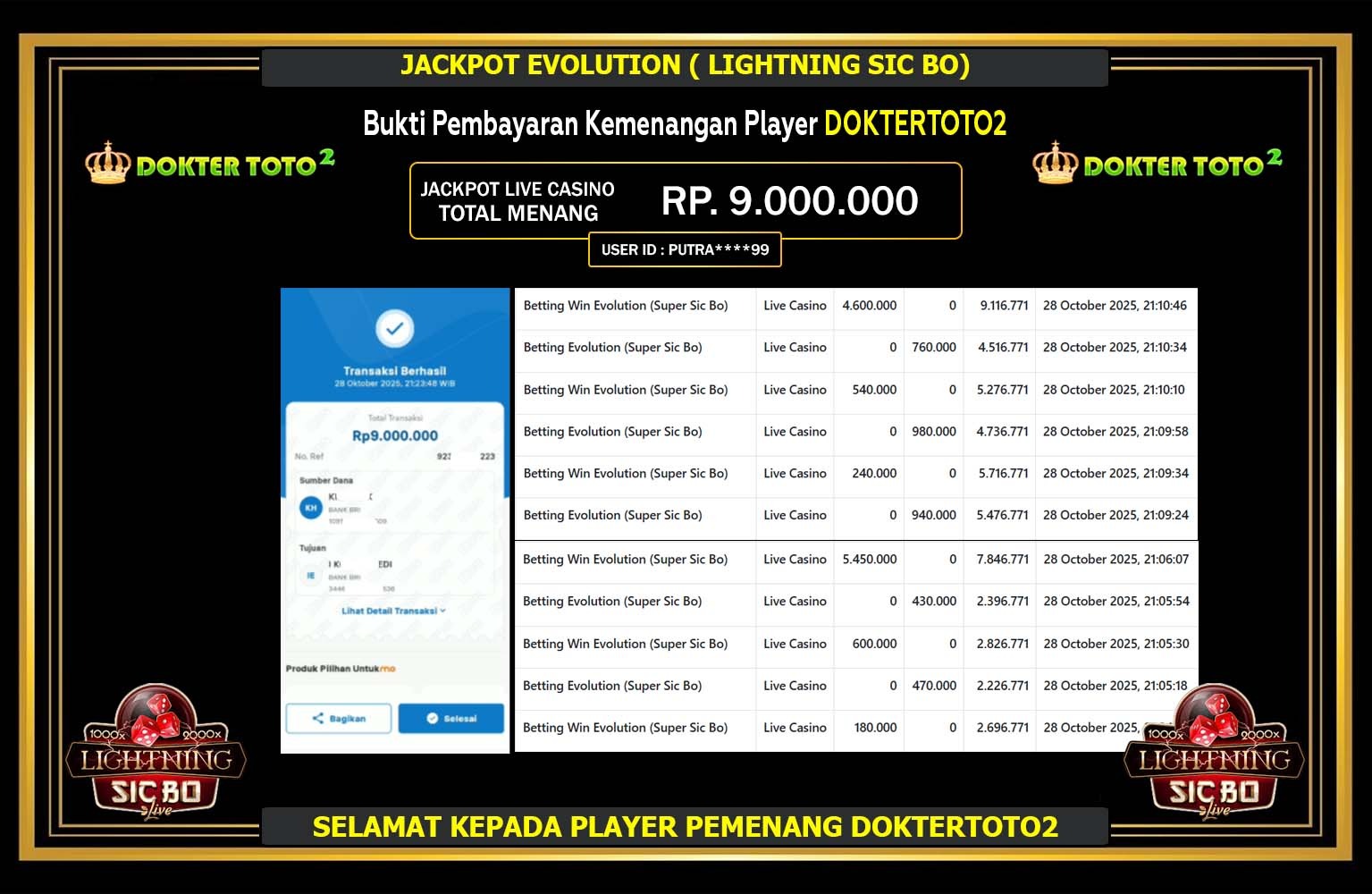 DOKTERTOTO2 JACKPOT EVOLUTION (LIGHTNING SIC BO) Rp.9.000.000,- LUNAS