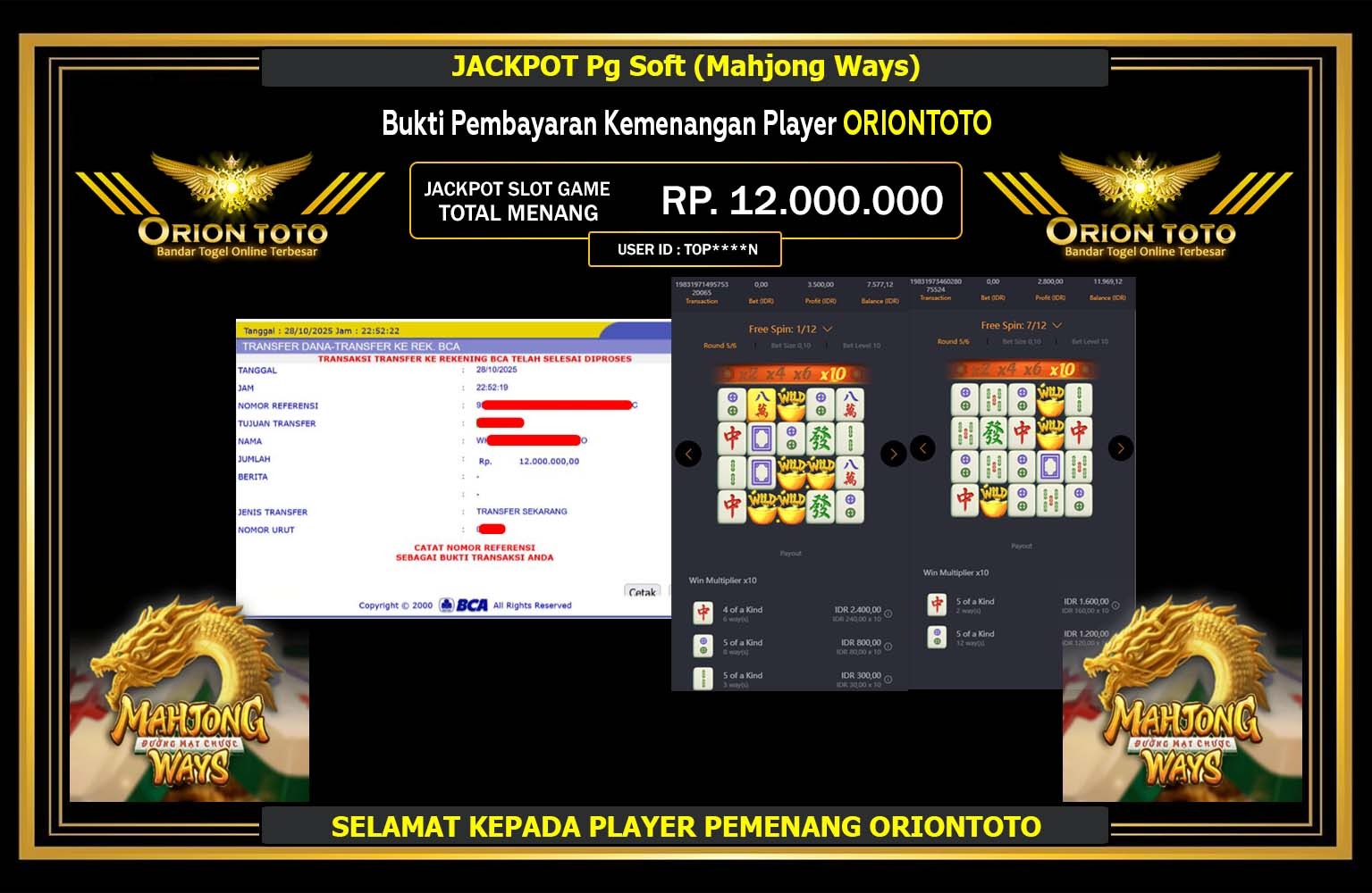ORIONTOTO JACKPOT Pg Soft (Mahjong Ways) Rp.12.000.000,- LUNAS