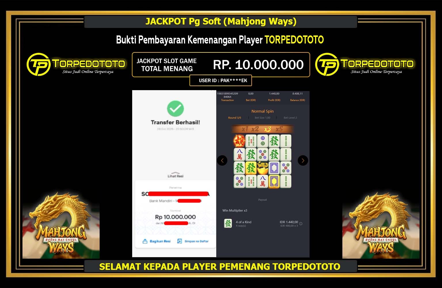 TORPEDOTOTO JACKPOT Pg Soft (Mahjong Ways) Rp.10.000.000,- LUNAS