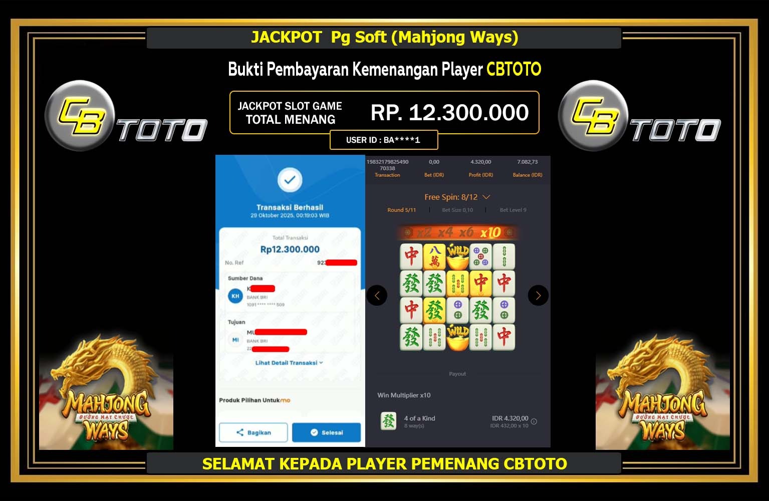 CBTOTO JACKPOT PG SOFT (MAHJONG WAYS ) Rp.12.300.000,- LUNAS