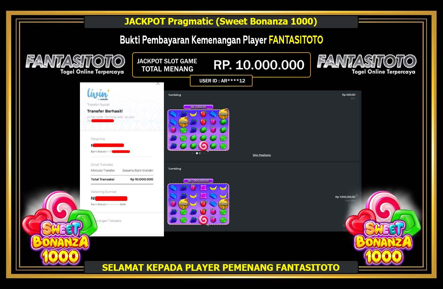 FANTASITOTO JACKPOT Pragmatic (Sweet Bonanza 1000) Rp.10.000.000,- LUNAS