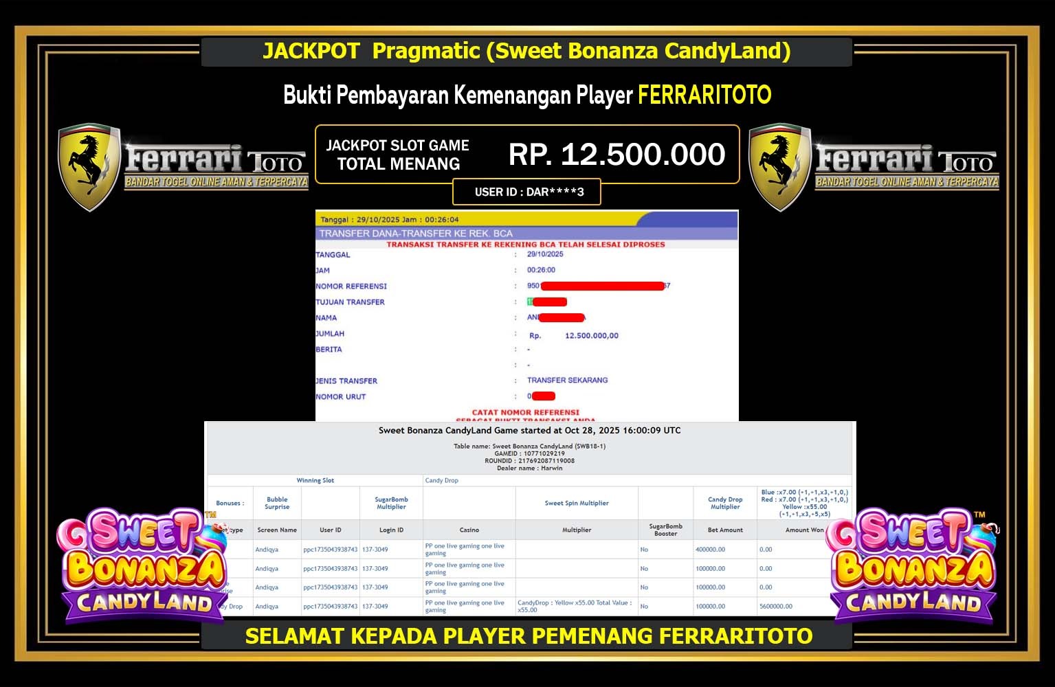 FERRARITOTO JACKPOT PRAGMATIC (SWEET BONANZA CANDYLAND) Rp.12.500.000,- LUNAS