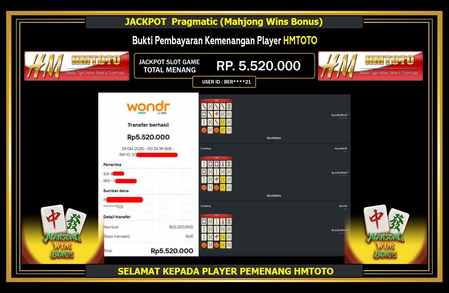 HMTOTO JACKPOT Pragmatic (Mahjong Wins Bonus) Rp.5.520.000,- LUNAS