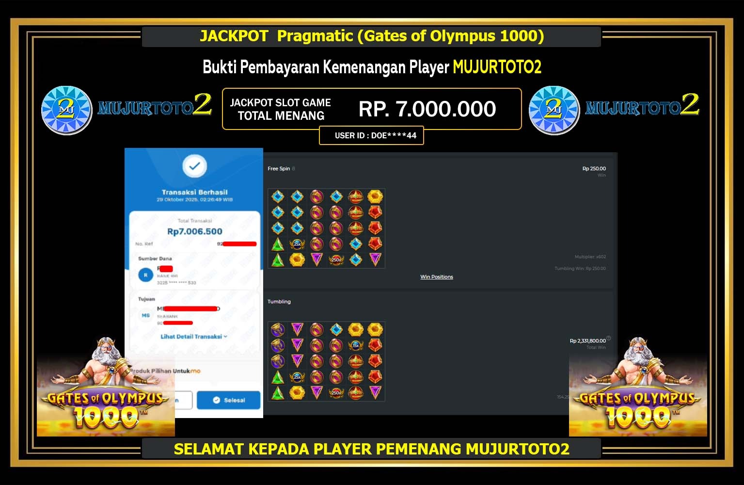 MUJURTOTO2 JACKPOT Pragmatic (Gates of Olympus 1000) Rp.7.000.000,- LUNAS