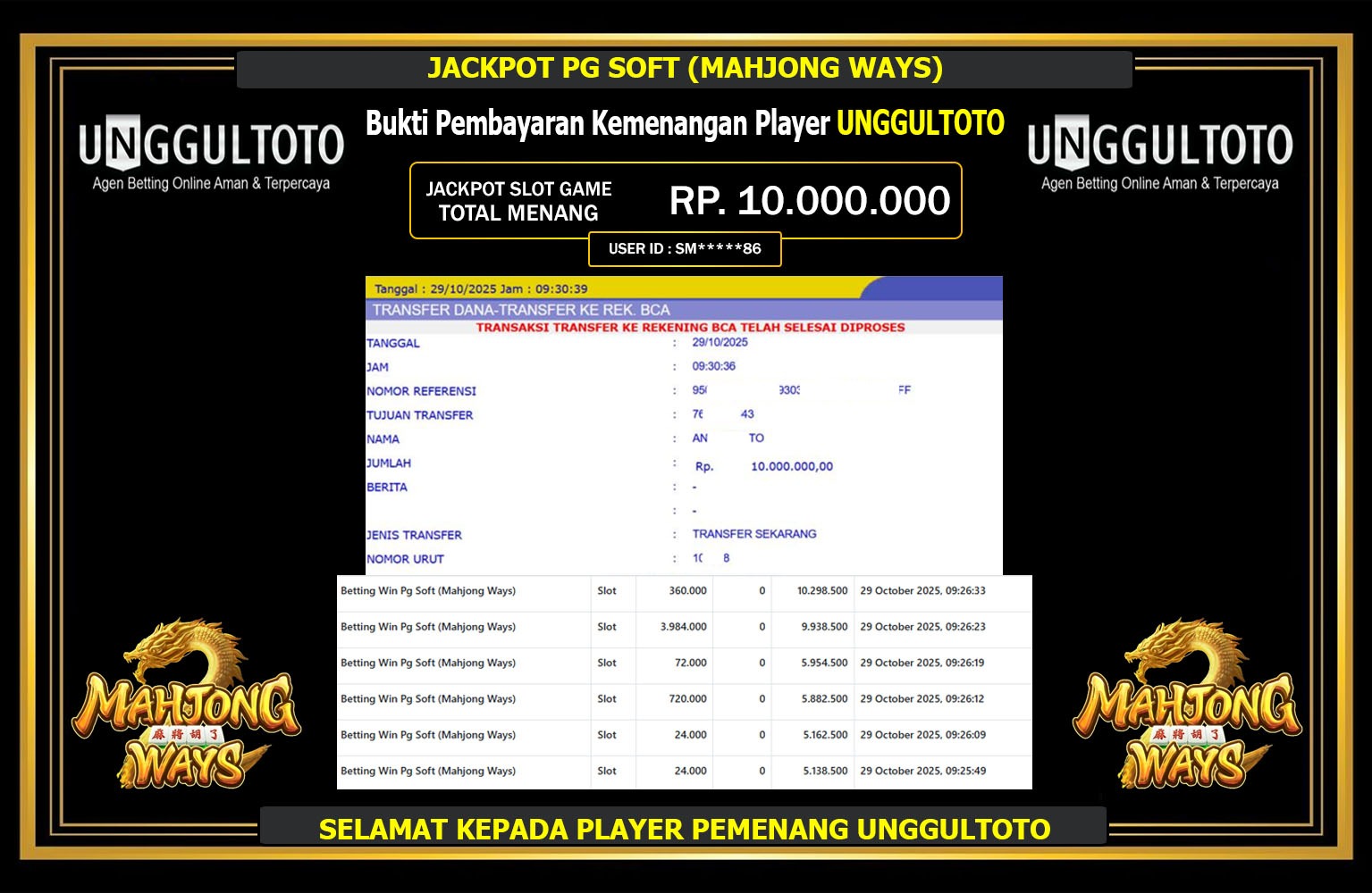 UNGGULTOTO JACKPOT PG SOFT (MAHJONG WAYS) Rp.10.000.000,- LUNAS