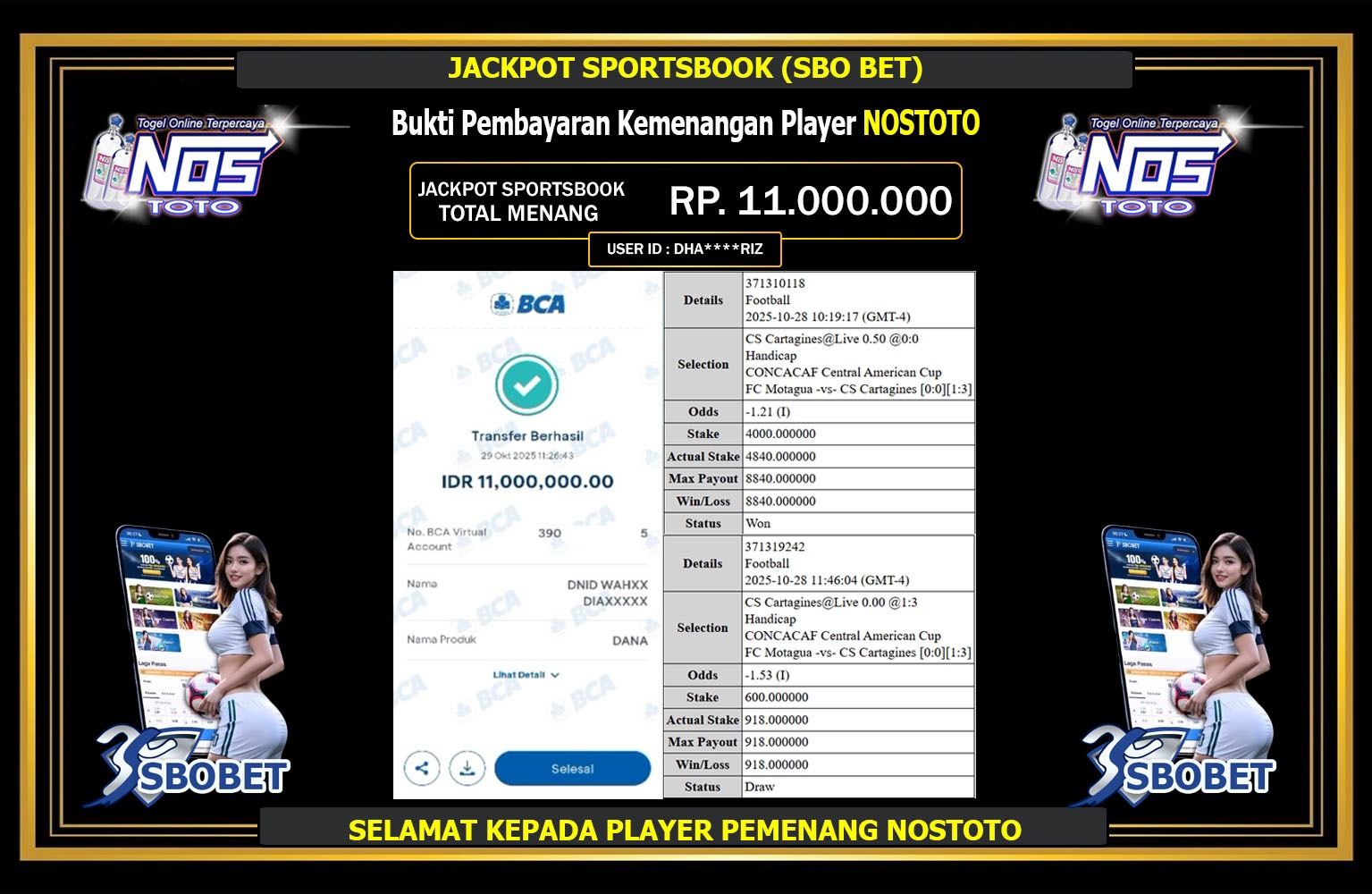 NOSTOTO JACKPOT SPORTSBOOK (SBO BET) Rp.11.000.000,- LUNAS