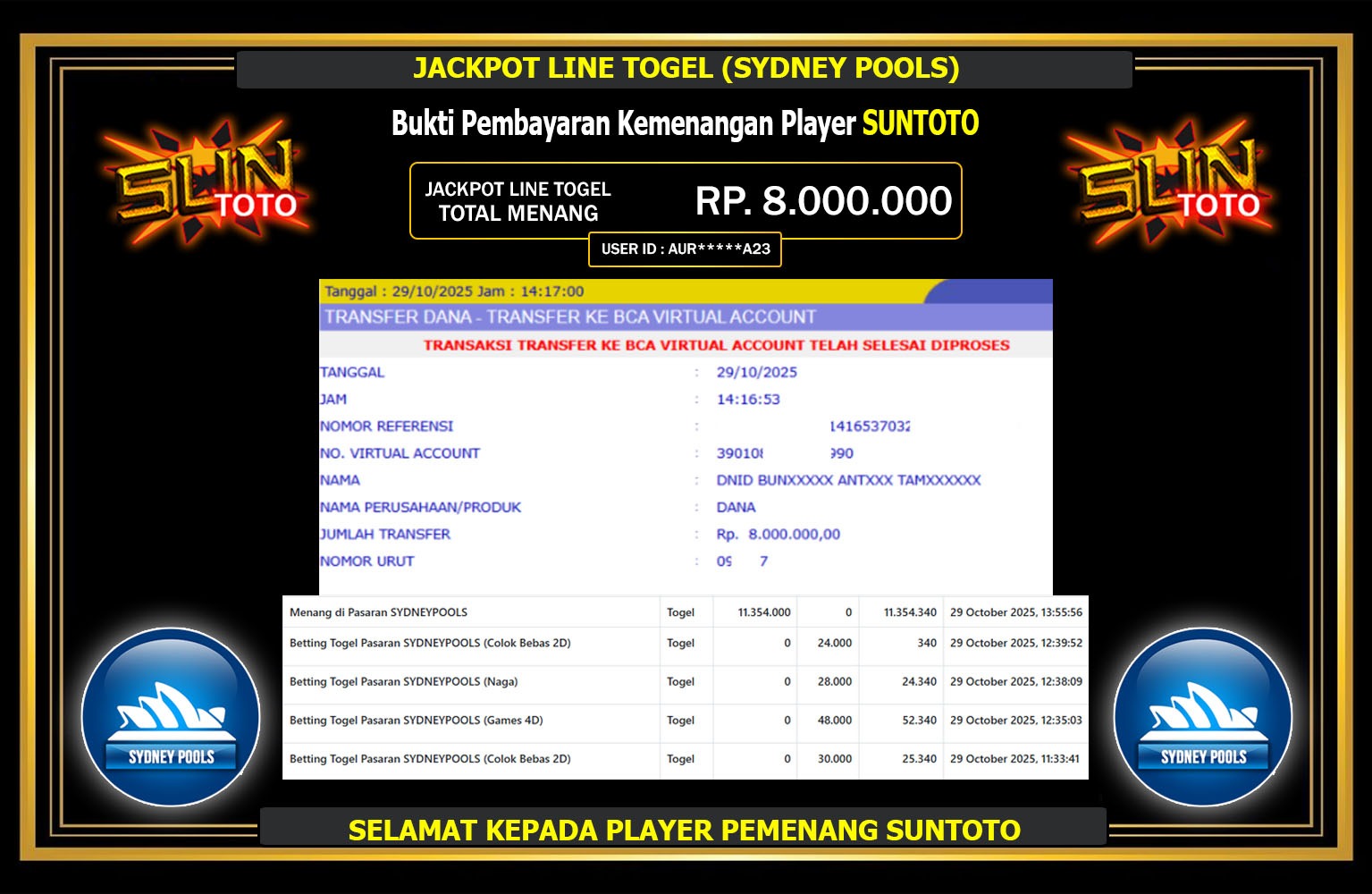 SUNTOTO JACKPOT LINE TOGEL (SYDNEY POOLS) Rp.8.000.000,- LUNAS