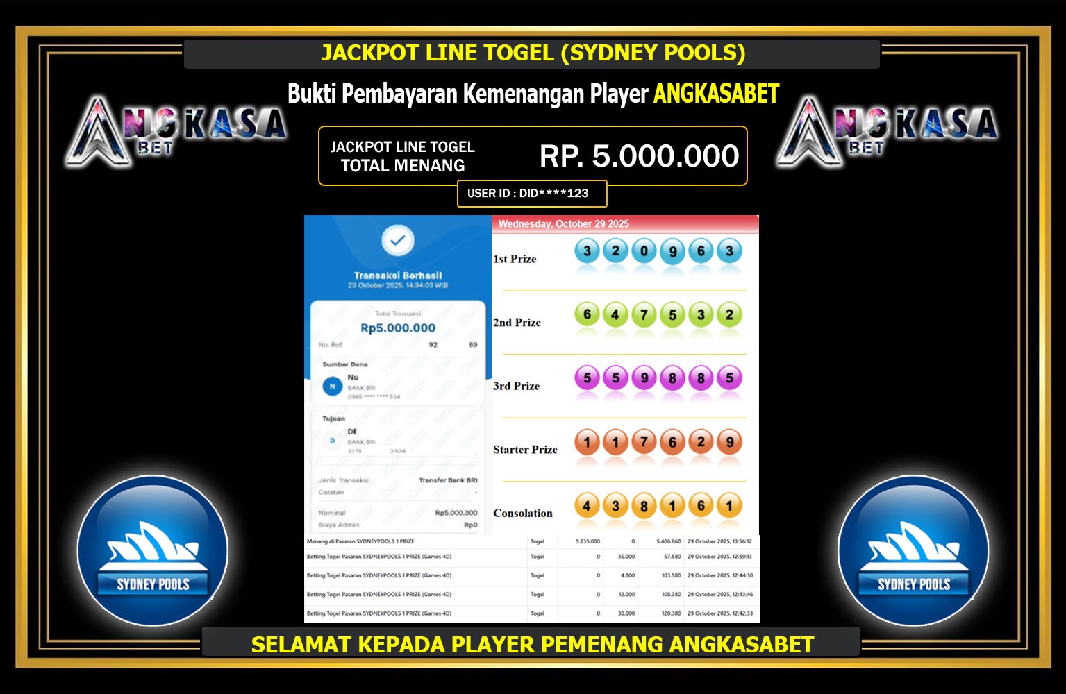 ANGKASABET JACKPOT LINE TOGEL (SYDNEY POOLS) Rp.5.000.000,- LUNAS
