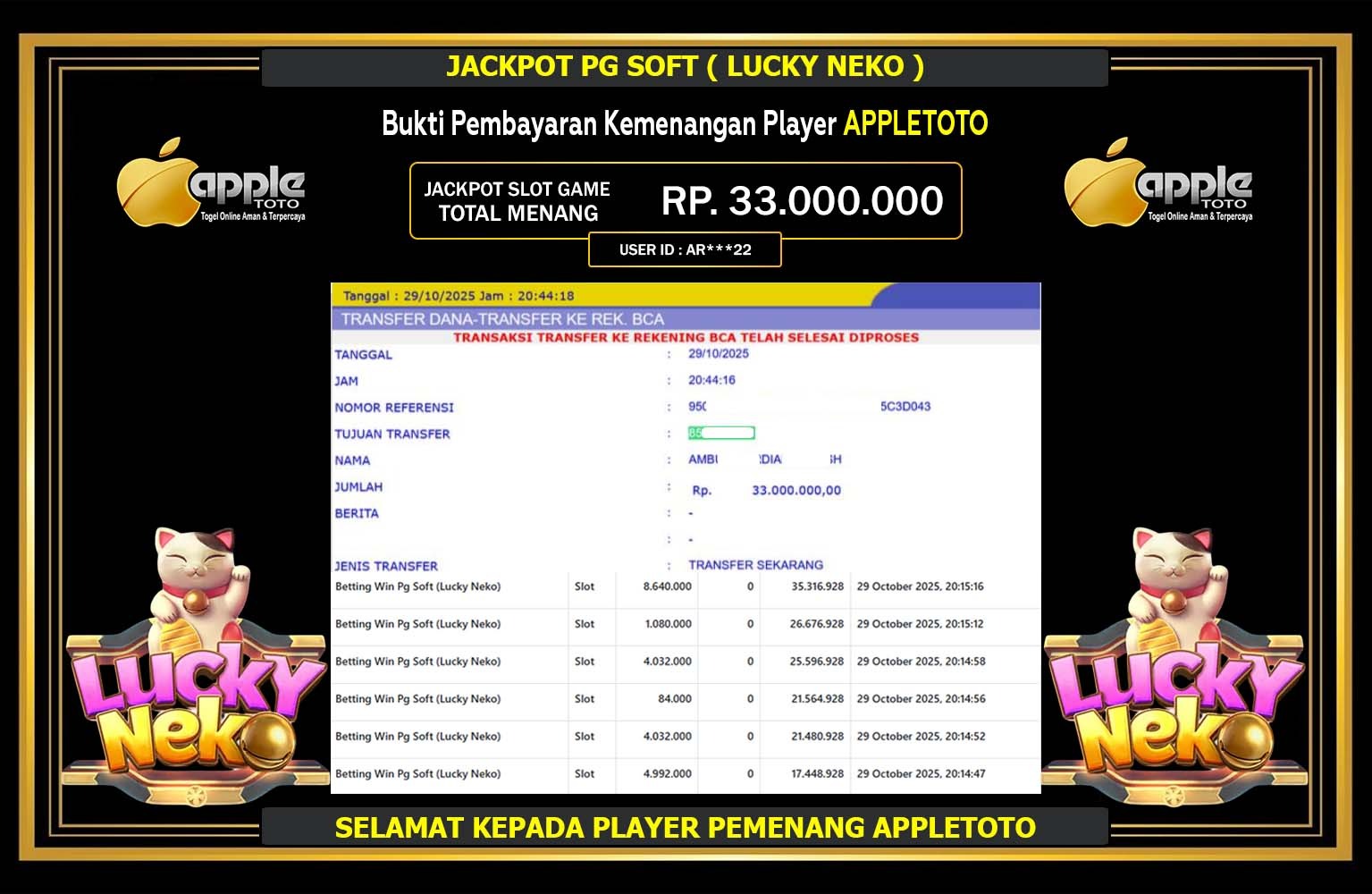 APPLETOTO JACKPOT PG SOFT (LUCKY NEKO) Rp.33.000.000,- LUNAS