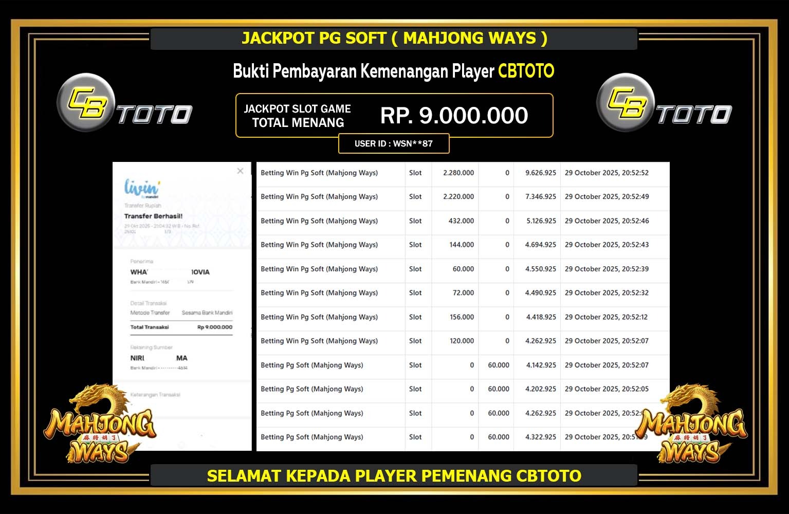 CBTOTO JACKPOT PG SOFT (MAHJONG WAYS) Rp.9.000.000,- LUNAS