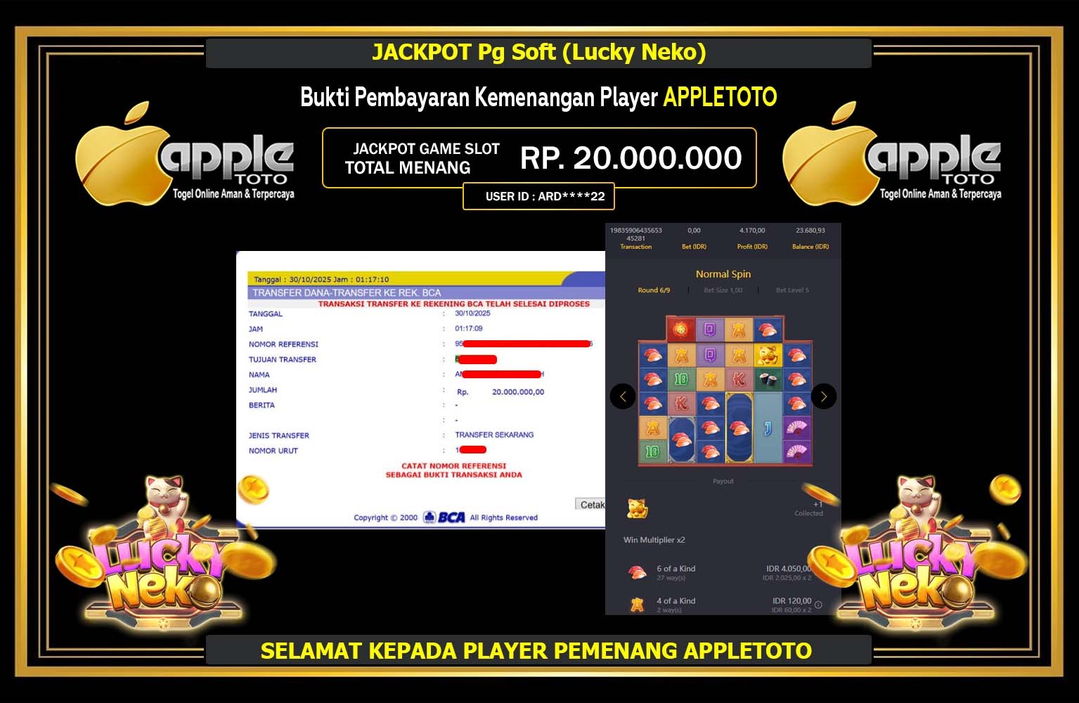 APPLETOTO JACKPOT PG SOFT (LUCKY NEKO) Rp.20.000.000,- LUNAS