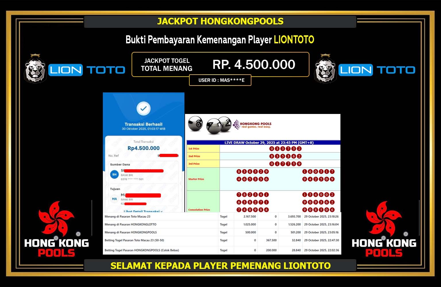 LIONTOTO JACKPOT TOGEL HONGKONGPOOLS Rp.4.500.000,- LUNAS