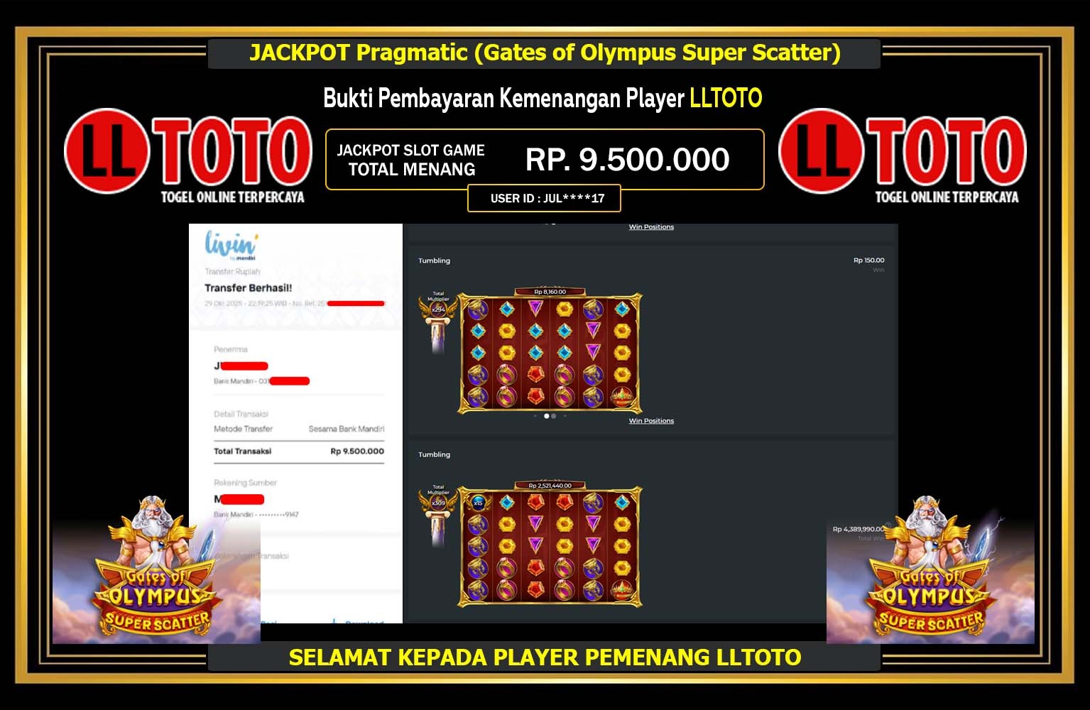 LLTOTO JACKPOT Pragmatic (Gates of Olympus Super Scatter) Rp.9.500.000,- LUNAS