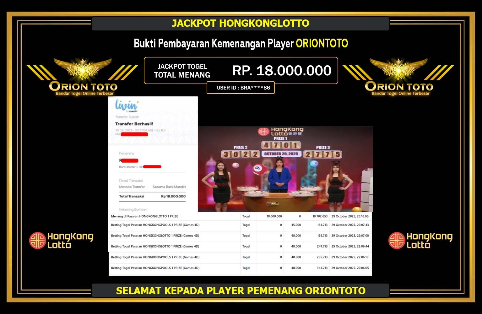 ORIONTOTO JACKPOT TOGEL HONGKONGLOTTO  Rp.18.000.000,- LUNAS