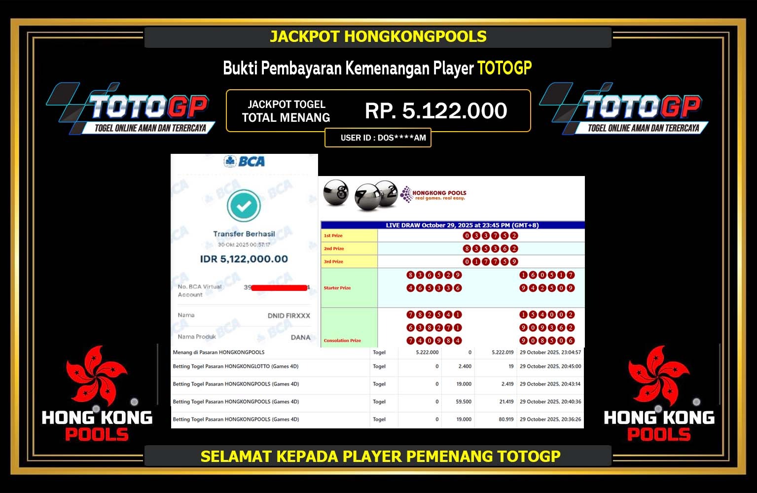 TOTOGP JACKPOT TOGEL HONGKONGPOOLS Rp.5.122.000,- LUNAS