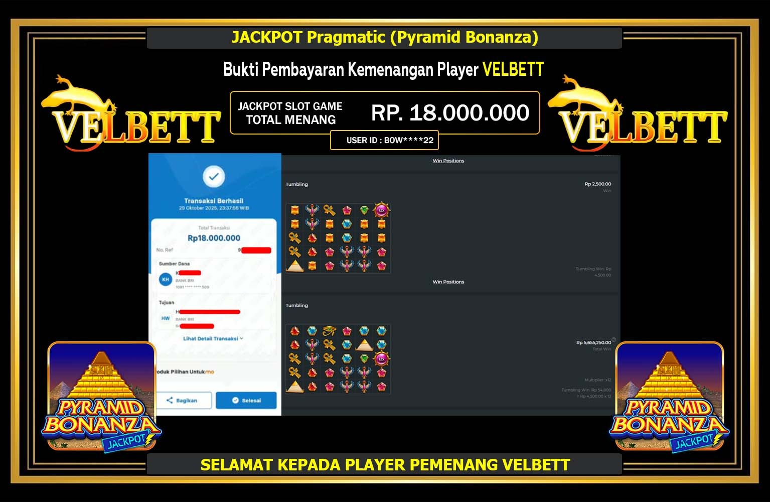 VELBETT JACKPOT Pragmatic (Pyramid Bonanza) Rp.18.000.000,- LUNAS