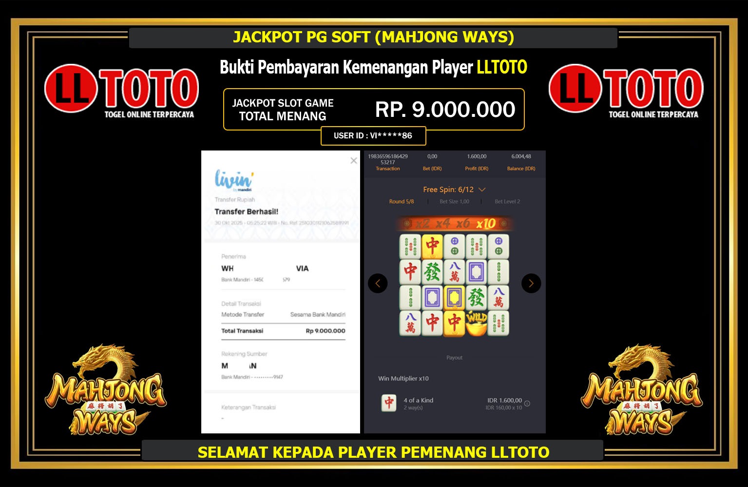 LLTOTO JACKPOT PG SOFT (MAHJONG WAYS) Rp.9.000.000,- LUNAS