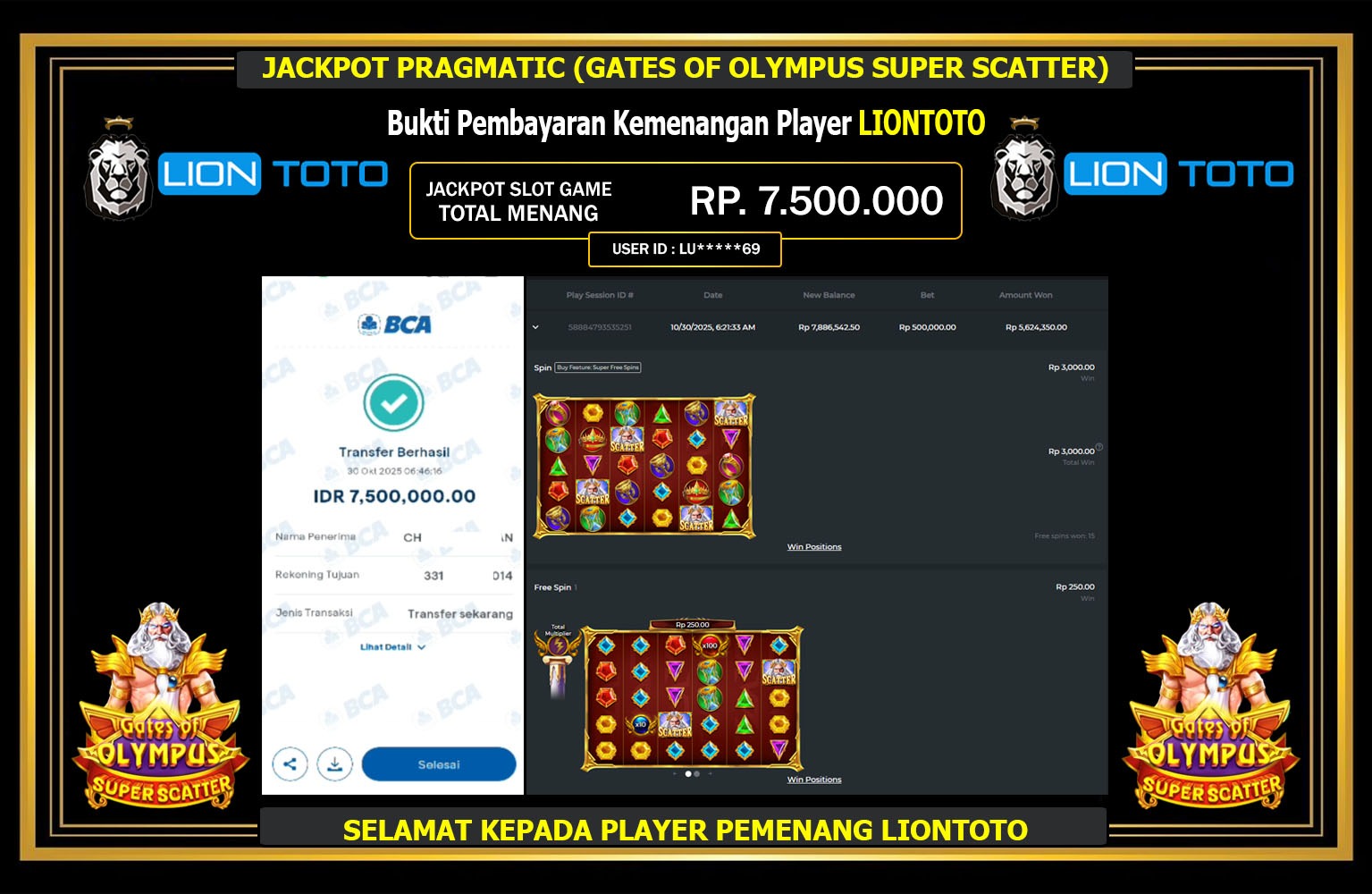 LIONTOTO JACKPOT PRAGMATIC (GATES OF OLYMPUS SUPER SCATTER) Rp.7.500.000,- LUNAS