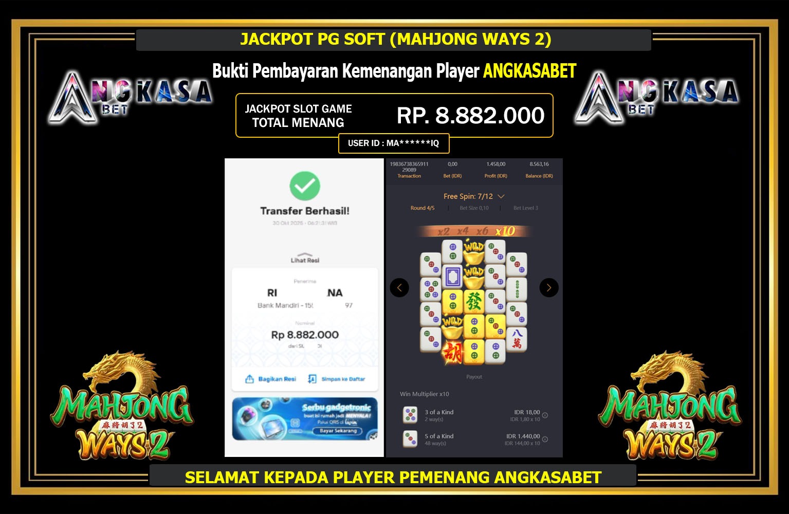 ANGKASABET JACKPOT PG SOFT (MAHJONG WAYS 2) Rp.8.882.000,- LUNAS