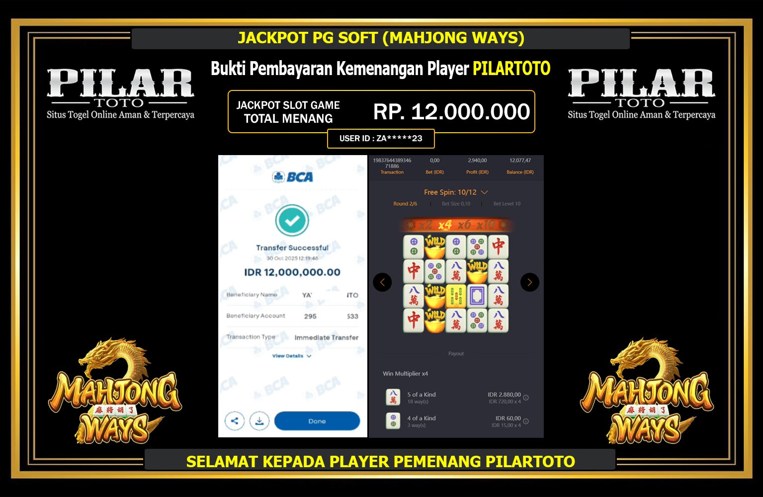 PILARTOTO JACKPOT PG SOFT (MAHJONG WAYS) Rp.12.000.000,- LUNAS