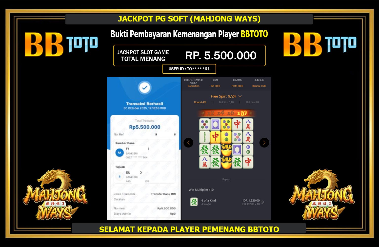 BBTOTO JACKPOT PG SOFT (MAHJONG WAYS) Rp.5.500.000,- LUNAS