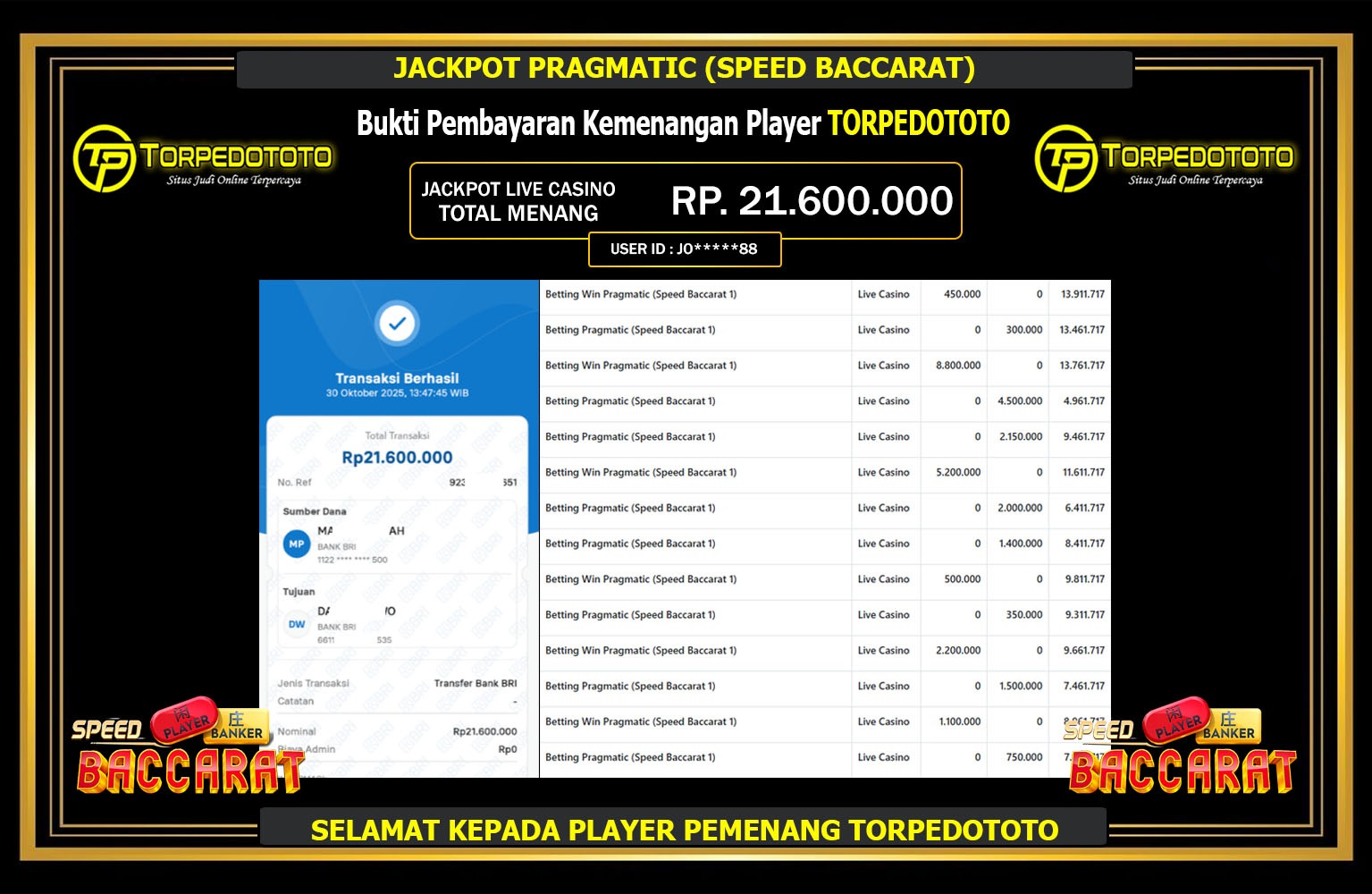 TORPEDOTOTO JACKPOT PRAGMATIC (SPEED BACCARAT) Rp.21.600.000,- LUNAS