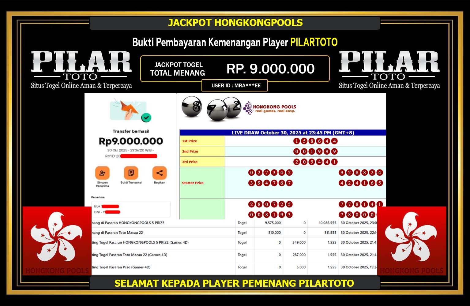 PILARTOTO JACKPOT TOGEL HONGKONGPOOLS  Rp.9.000.000,- LUNAS