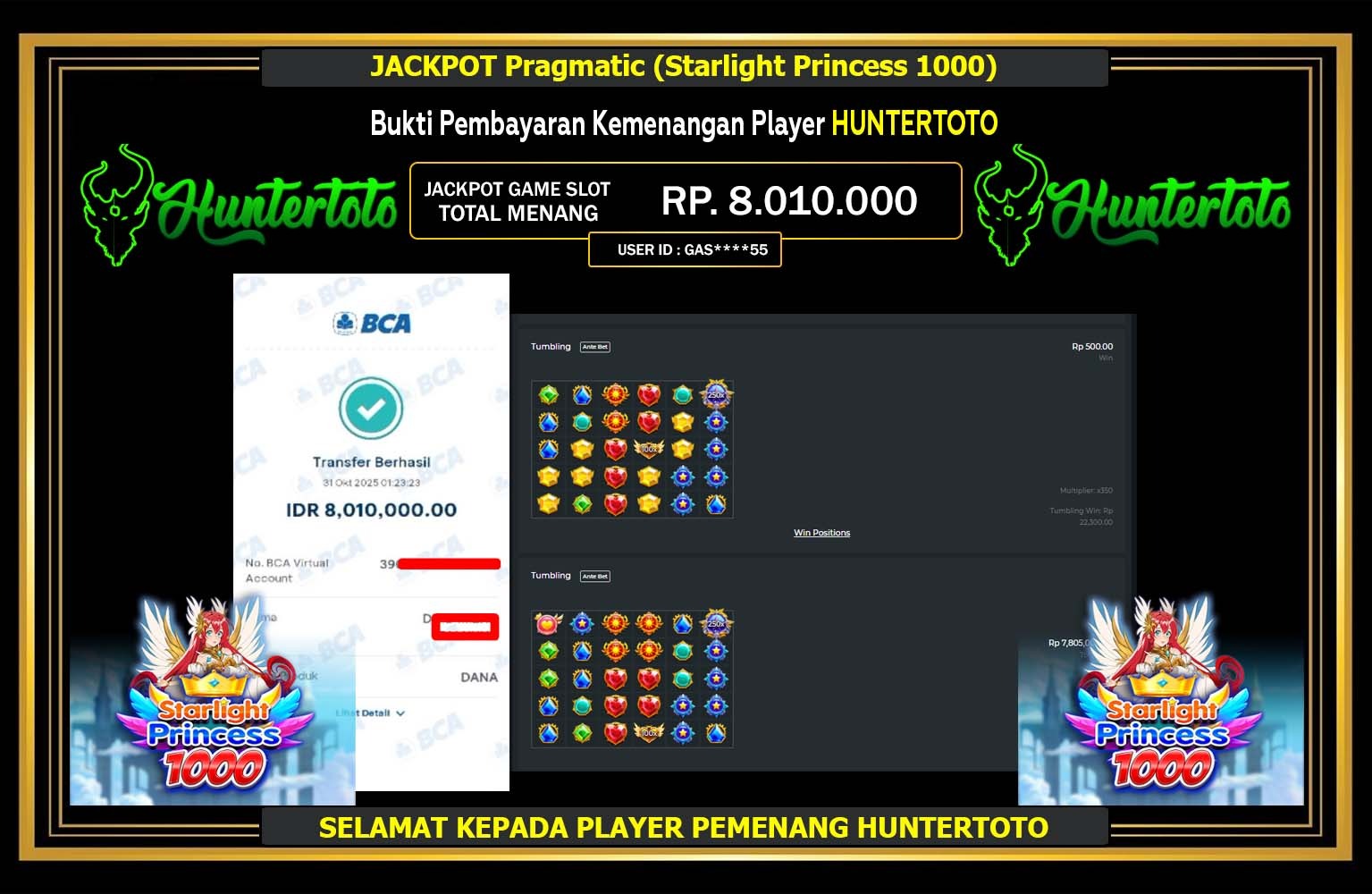 HUNTERTOTO JACKPOT PRAGMATIC (STARLIGHT PRINCESS 1000) Rp.8.010.000,- LUNAS