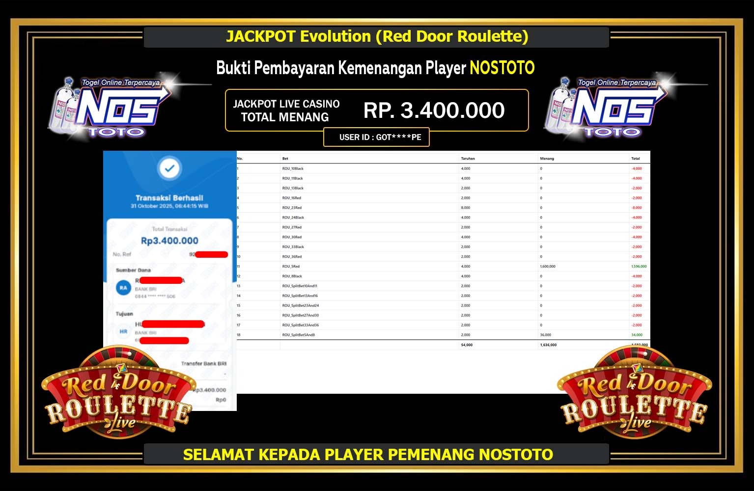 NOSTOTO JACKPOT EVOLUTION (RED DOOR ROULETTE) Rp.3.400.000,- LUNAS