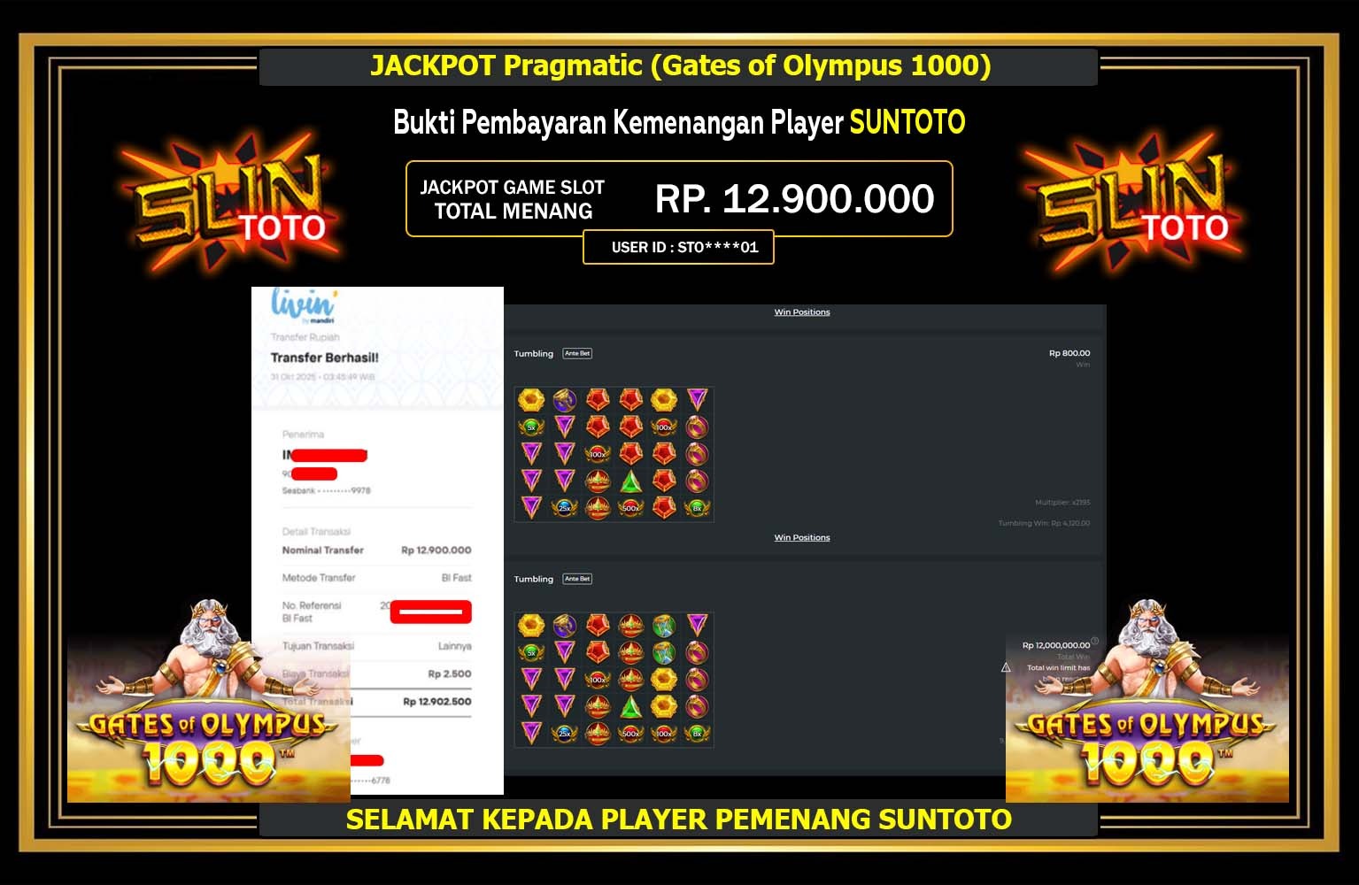SUNTOTO JACKPOT PRAGMATIC (GATES OF OLYMPUS 1000) Rp.12.900.000,- LUNAS