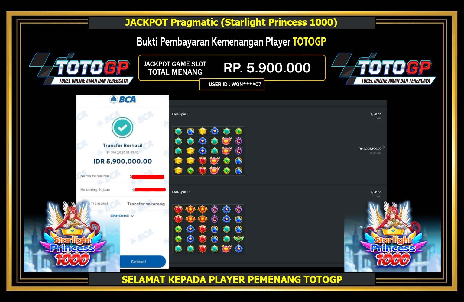TOTOGP JACKPOT PRAGMATIC (STARLIGHT PRINCESS 1000) Rp.5.900.000,- LUNAS