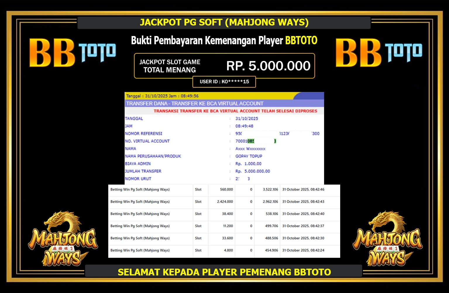 BBTOTO JACKPOT PG SOFT (MAHJONG WAYS) Rp.5.000.000,- LUNAS