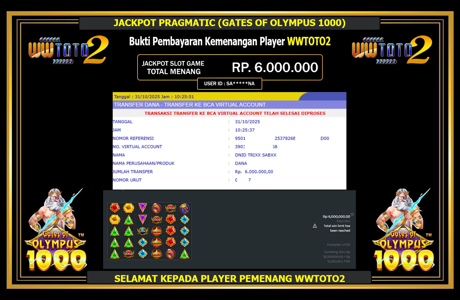 WWTOTO2 JACKPOT PRAGMATIC (GATES OF OLYMPUS 1000) Rp.6.000.000,- LUNAS