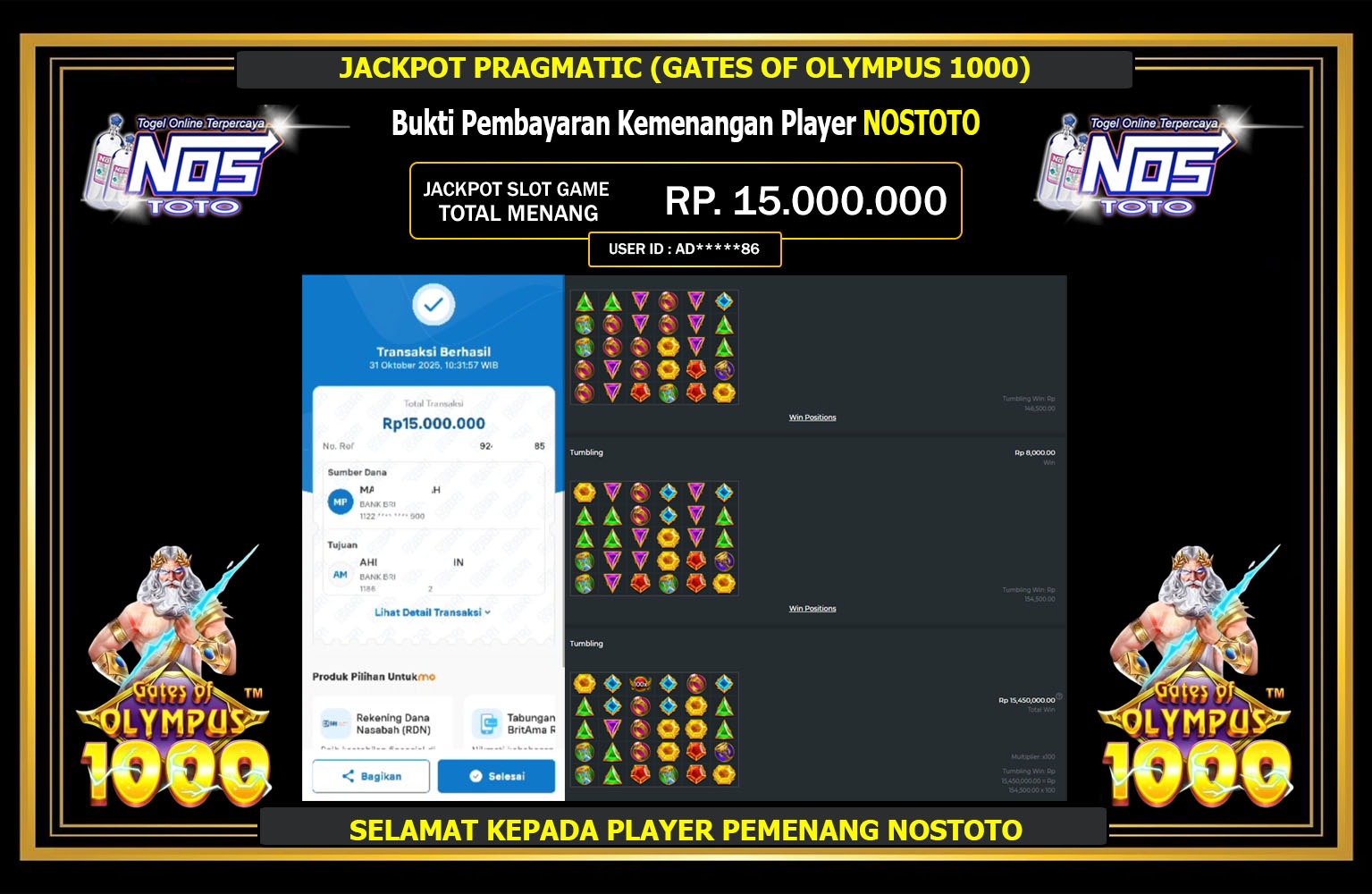 NOSTOTO JACKPOT PRAGMATIC (GATES OF OLYMPUS 1000) Rp.15.000.000,- LUNAS