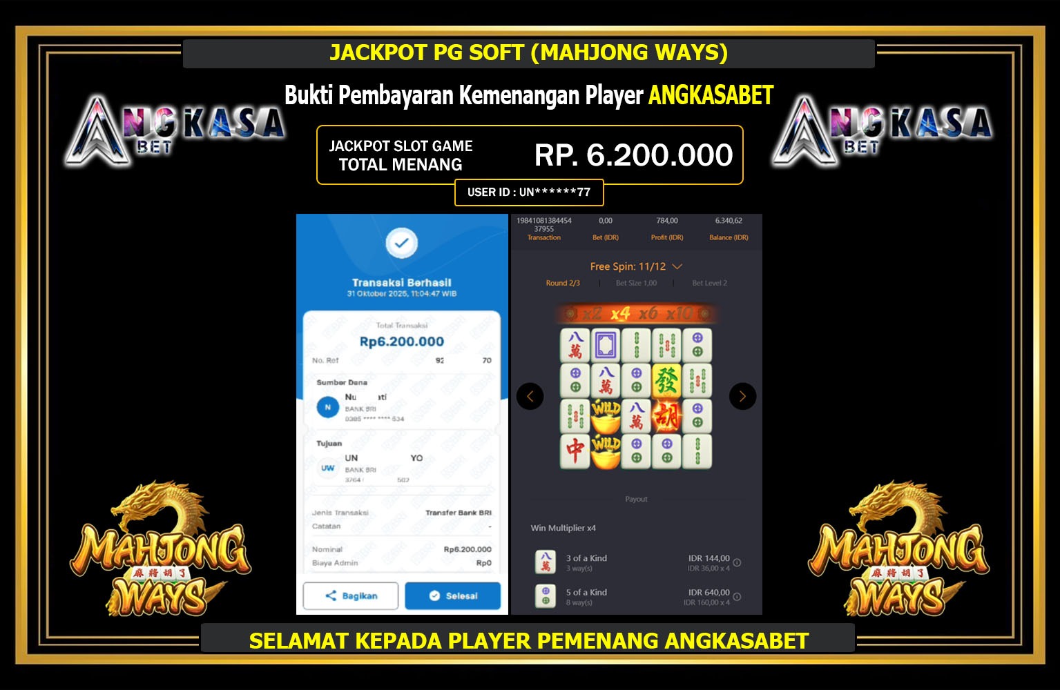 ANGKASABET JACKPOT PG SOFT (MAHJONG WAYS) Rp.6.200.000,- LUNAS