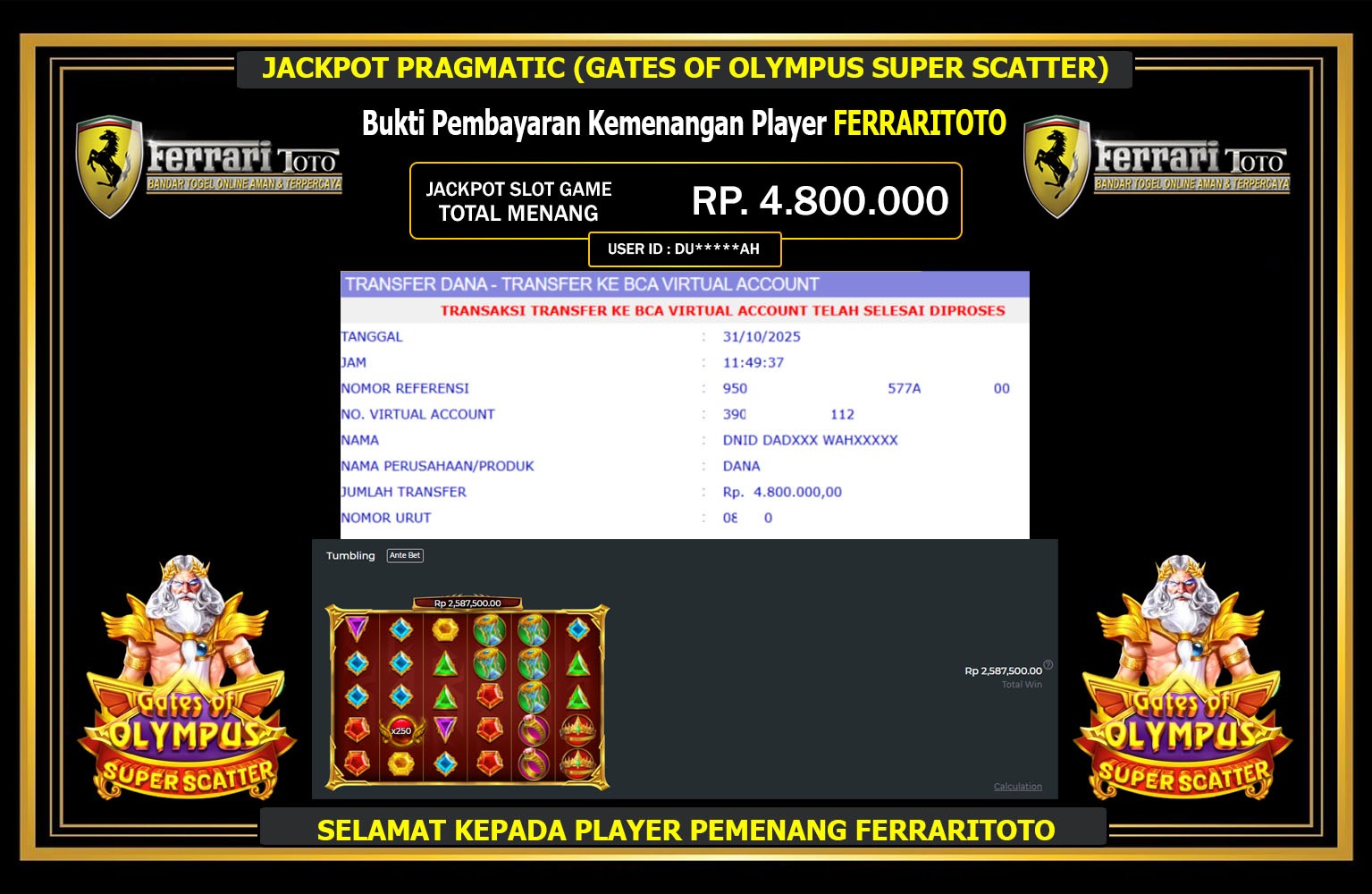 FERRARITOTO JACKPOT PRAGMATIC (GATES OF OLYMPUS SUPER SCATTER) Rp.4.800.000,- LUNAS