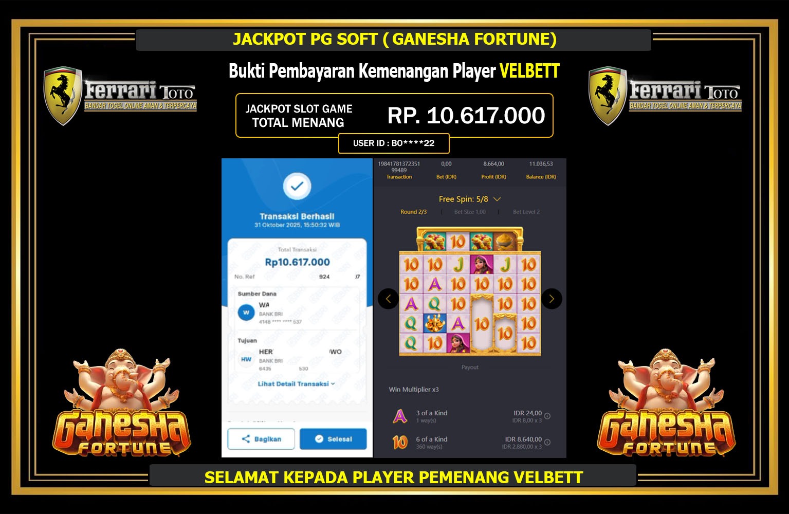 FERRARITOTO JACKPOT PG SOFT (GANESHA FORTUNE) Rp.10.617.000,- LUNAS