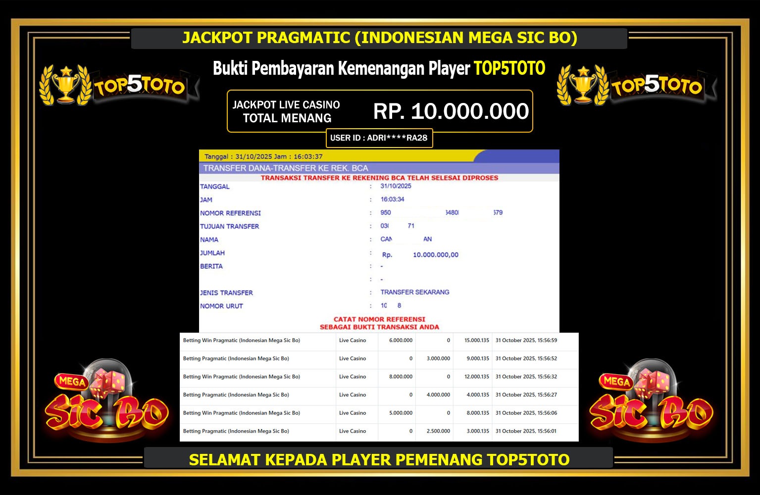 TOP5TOTO JACKPOT PRAGMATIC (INDONESIAN MEGA SIC BO) Rp.10.000.000,- LUNAS