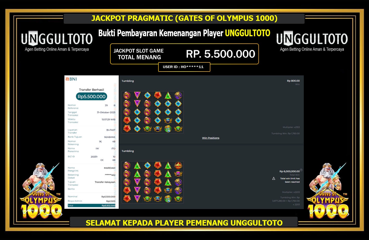 UNGGULTOTO JACKPOT PRAGMATIC (GATES OF OLYMPUS 1000) Rp.5.500.000,- LUNAS